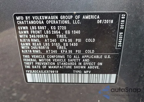 2018 Volkswagen Atlas 3.6L V6 Se/3.6L V6 Se W/Technology from USA, damaged, VIN 1V2LR2CAXJC579919